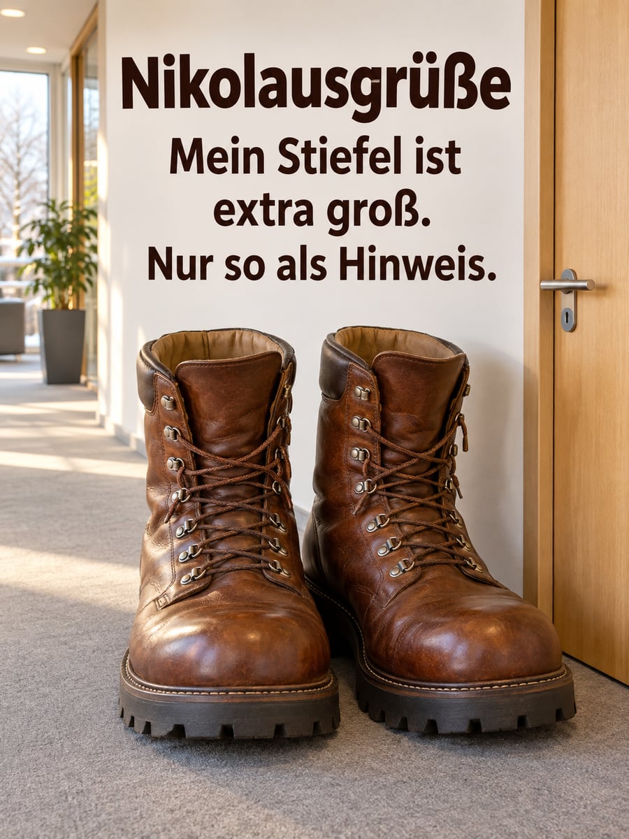 Lustiges Nikolausbild: Ein Paar riesige Wanderstiefel steht vor einer Bürotür