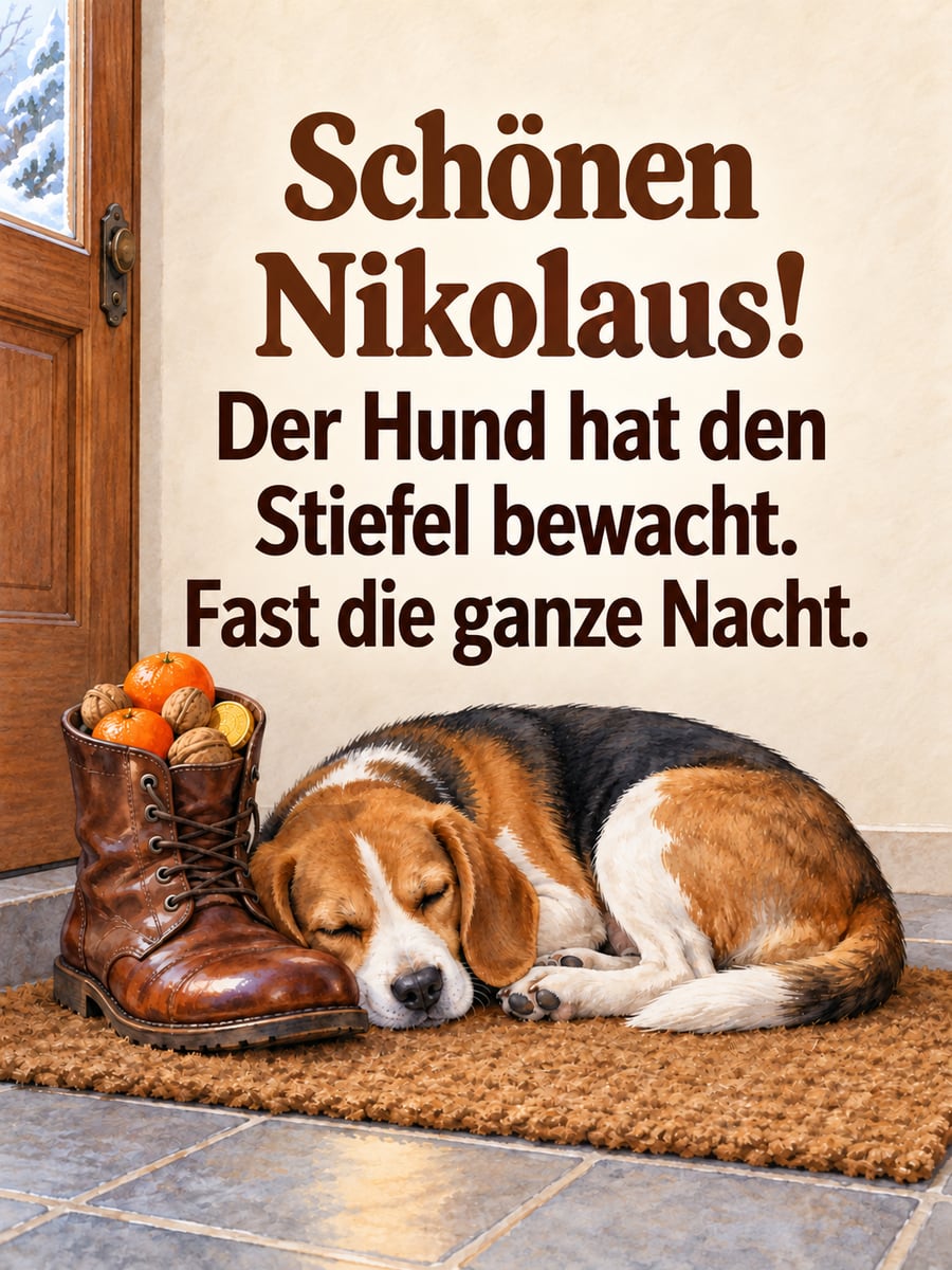 Lustiges Nikolausbild: Ein Beagle schläft auf der Fußmatte neben einem gefüllten Stiefel