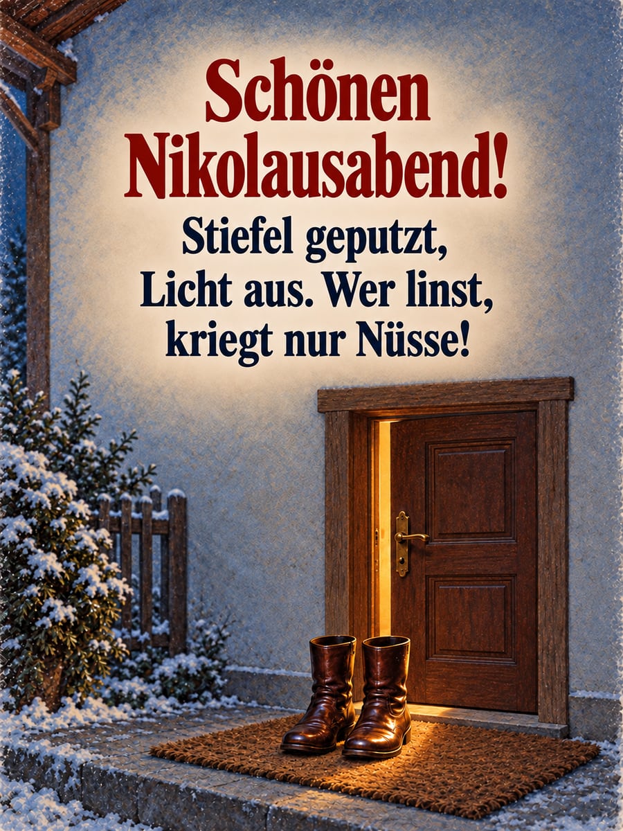Lustiges Nikolausbild: Ein Paar geputzte Stiefel vor einer angelehnten Haustür, durch den Spalt fällt Licht