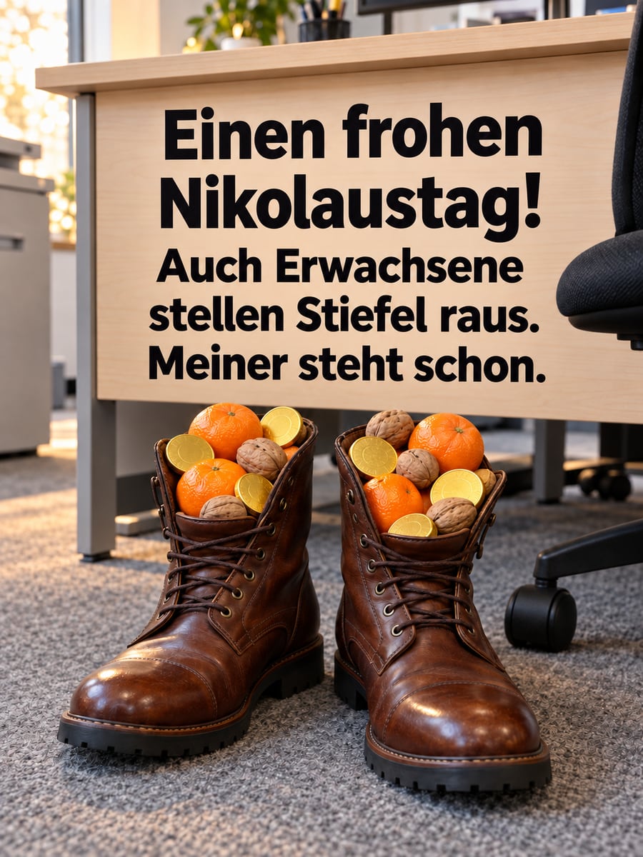 Lustiges Nikolausbild: Ein Paar gefüllte Stiefel steht im Büro unter dem Schreibtisch