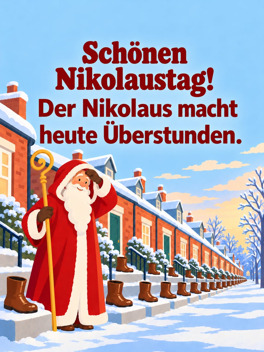 Lustiges Nikolausbild: Nikolaus wischt sich die Stirn vor einer langen Reihe Stiefel in einer verschneiten Straße