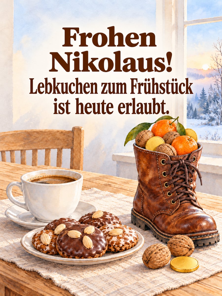 Lustiges Nikolausbild: Frühstückstisch mit Kaffee, Lebkuchen und einem gefüllten Stiefel