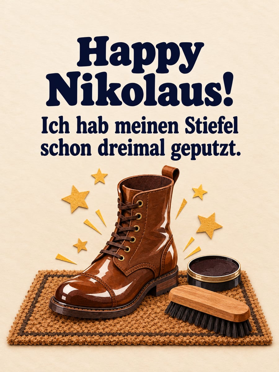 Lustiges Nikolausbild: Ein glänzend geputzter Stiefel mit kleinen Papiersternen, daneben Schuhcreme und Bürste