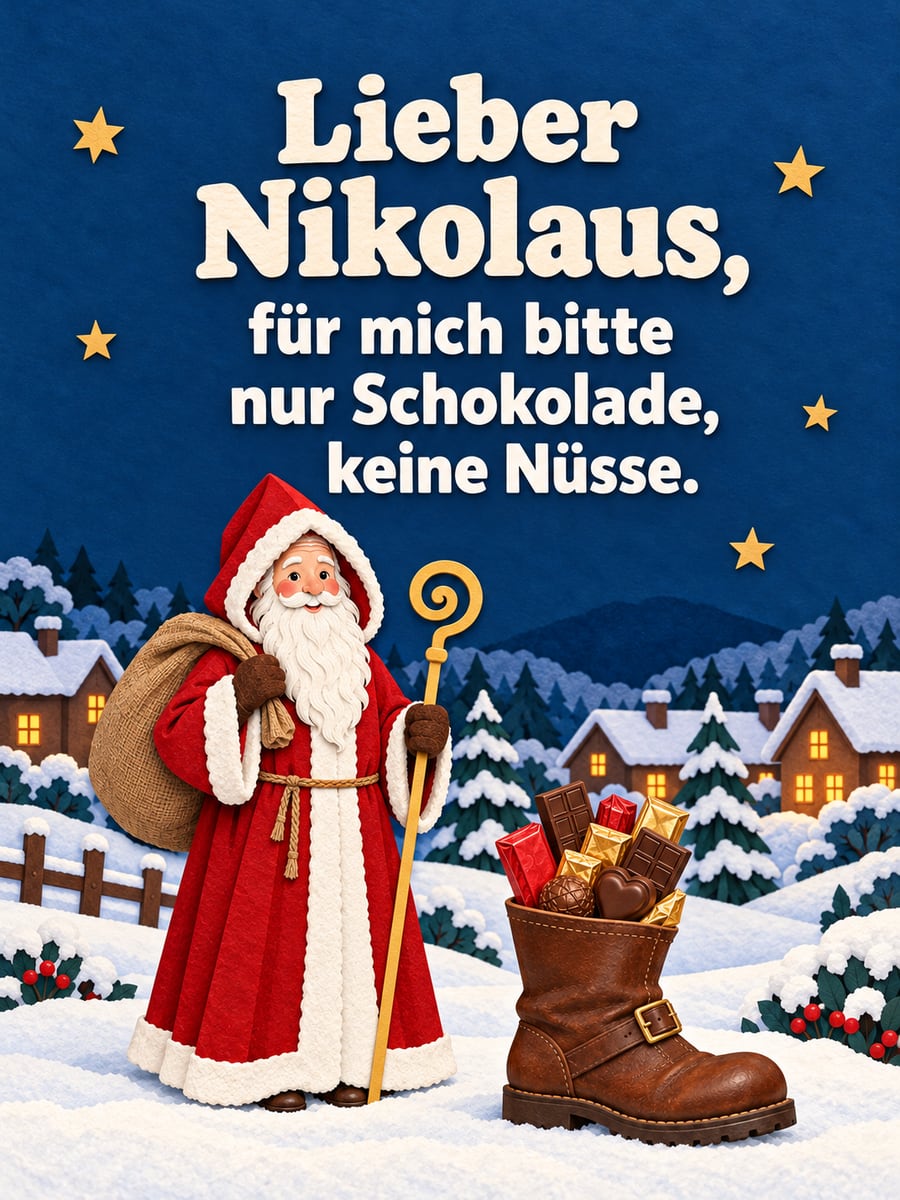 Lustiges Nikolausbild: Nikolaus aus Papier mit Sack, davor ein Stiefel voller Schokolade statt Nüssen
