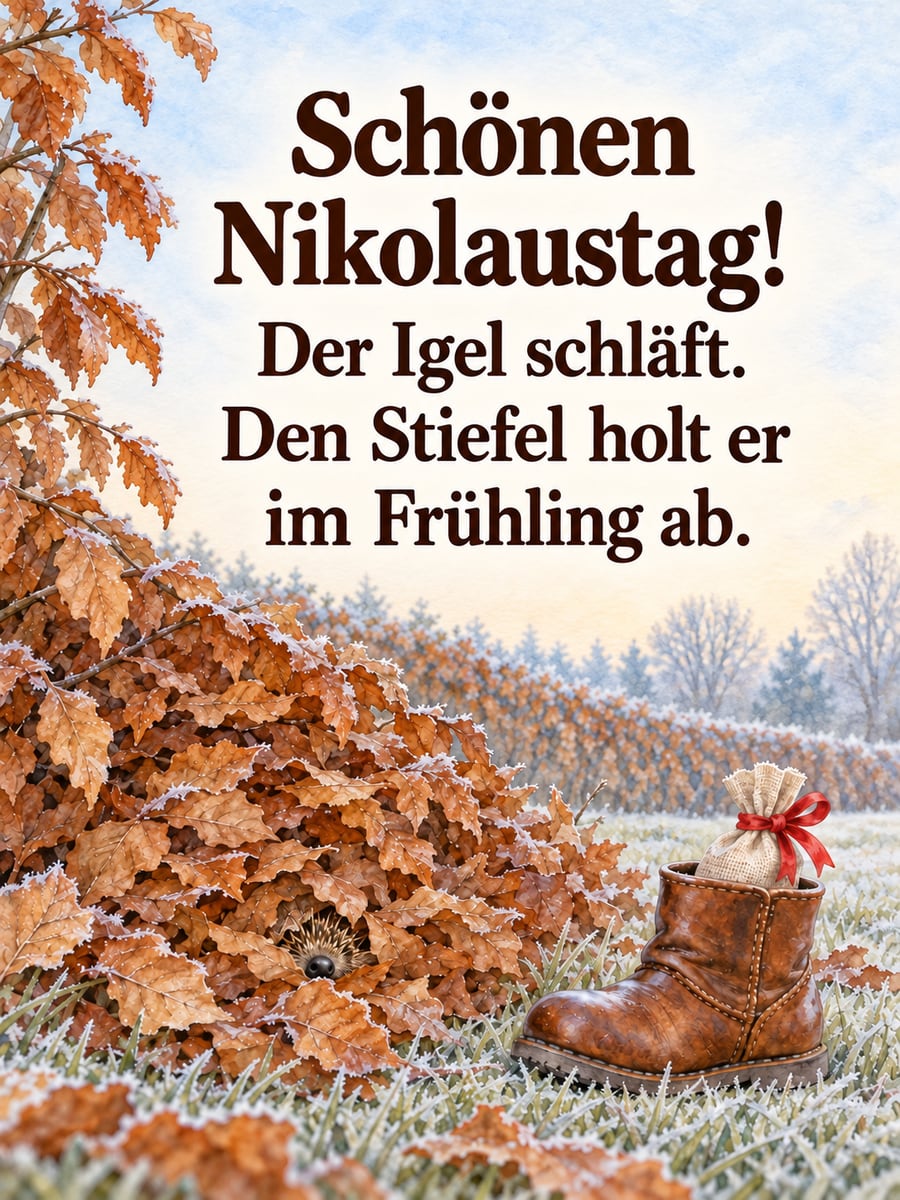 Lustiges Nikolausbild: Ein Igel schläft im Laubhaufen, daneben ein kleiner Stiefel mit einem Stoffbündel und roter Schleife