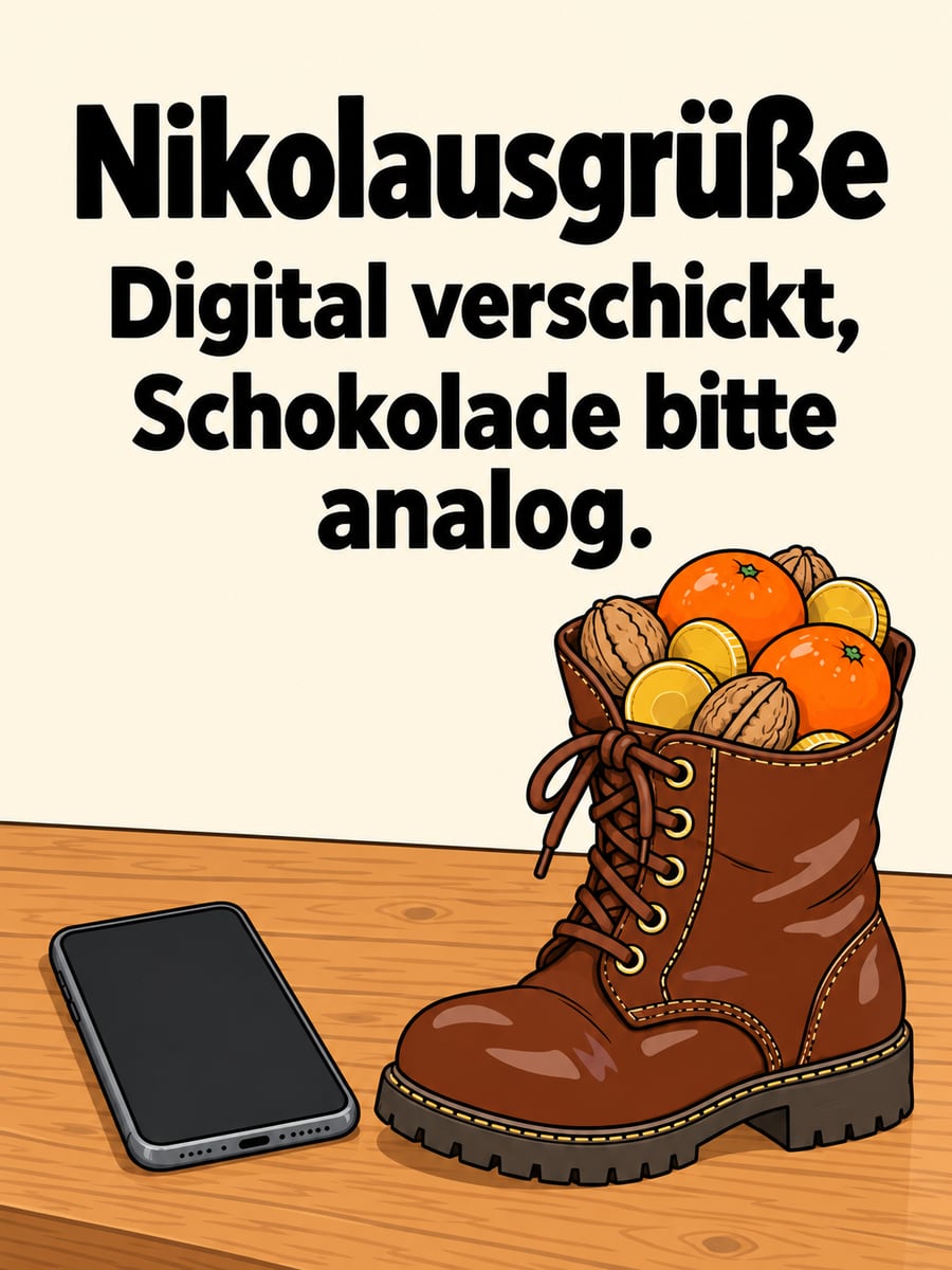 Lustiges Nikolausbild: Ein Smartphone mit dunklem Bildschirm neben einem gefüllten Stiefel