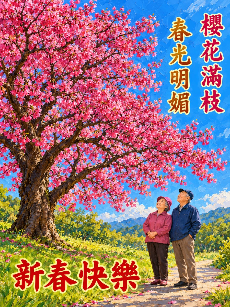 緋寒櫻滿枝。圖中文字：新春快樂，櫻花滿枝，春光明媚