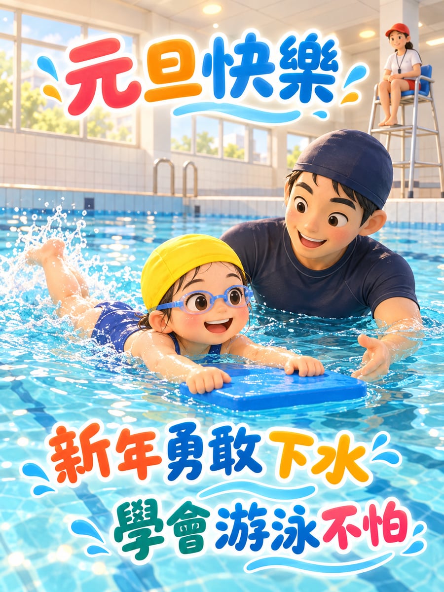 新年勇敢學游泳。圖中文字：元旦快樂，新年勇敢下水，學會游泳不怕