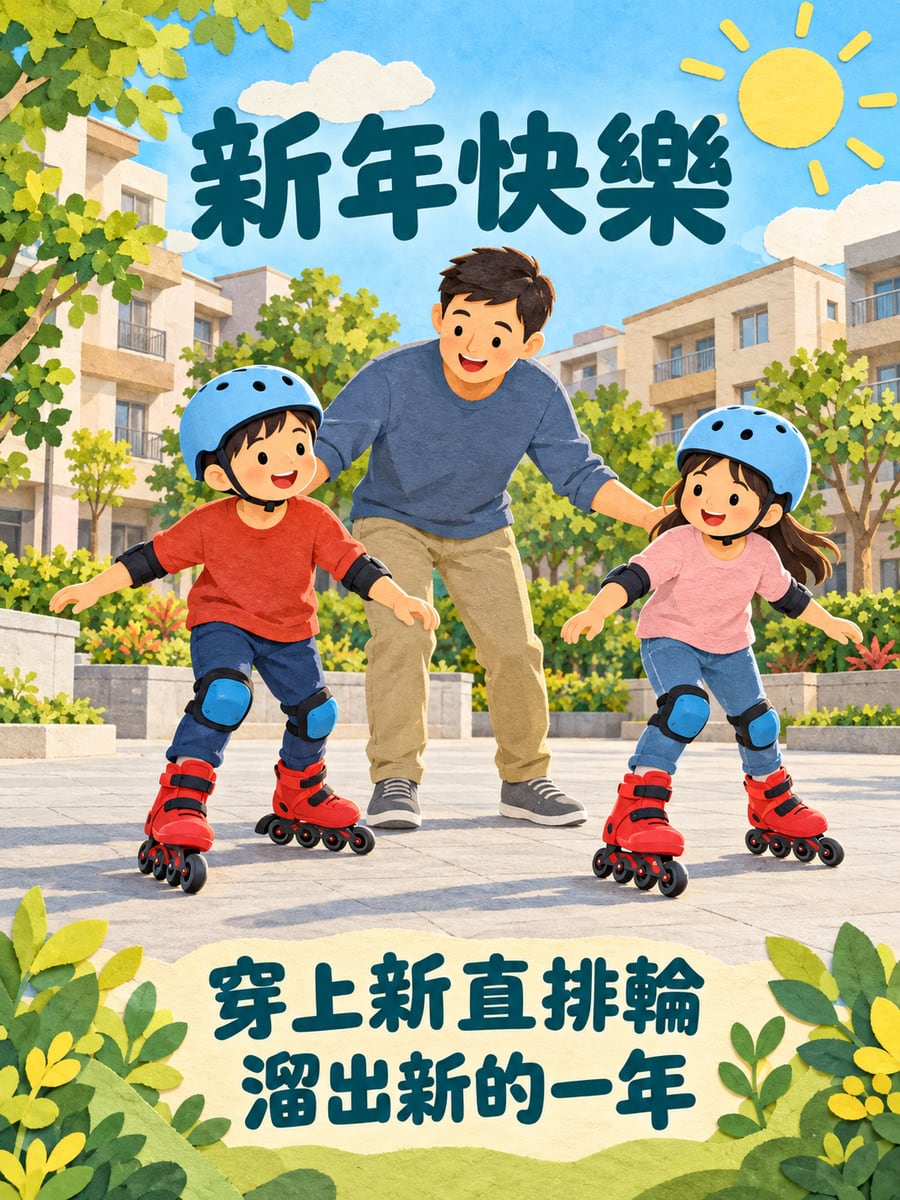 穿上新直排輪。圖中文字：新年快樂，穿上新直排輪，溜出新的一年