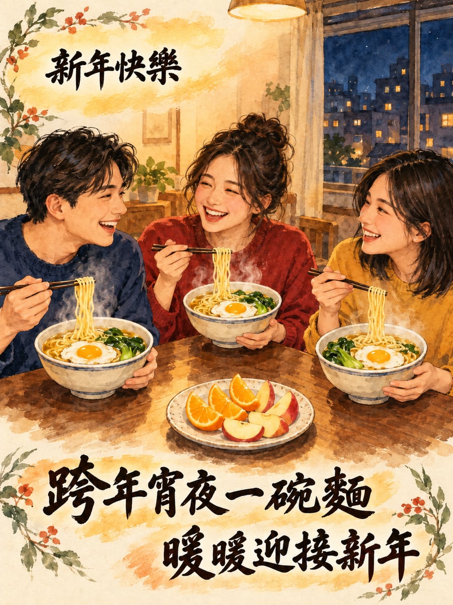 跨年宵夜一碗麵。圖中文字：新年快樂，跨年宵夜一碗麵，暖暖迎接新年