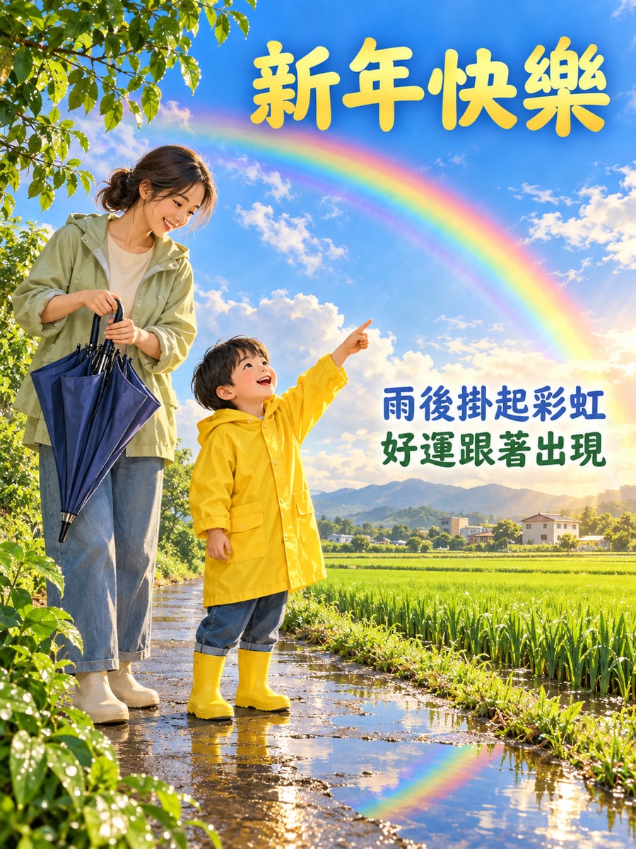雨後的新年彩虹。圖中文字：新年快樂，雨後掛起彩虹，好運跟著出現