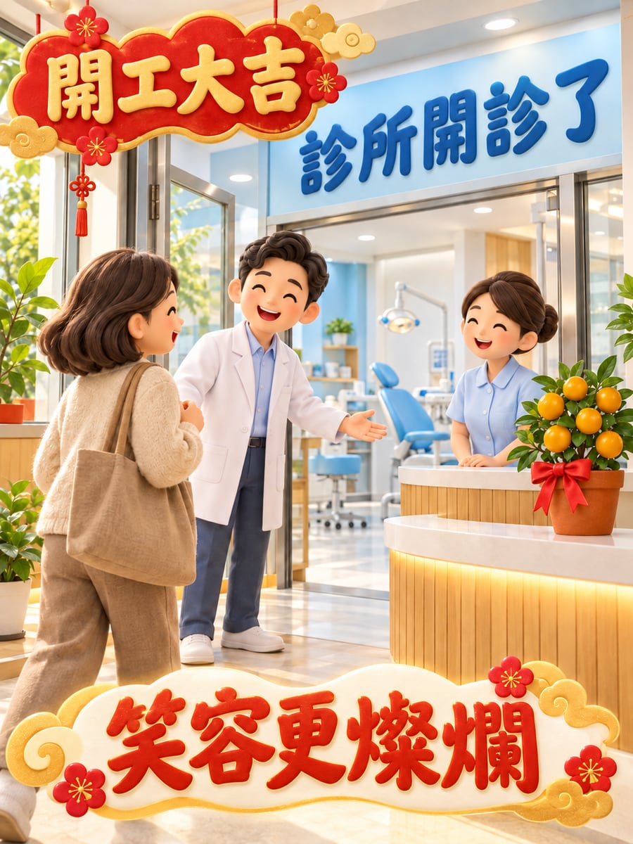牙醫診所開診。圖中文字：開工大吉，診所開診了，笑容更燦爛