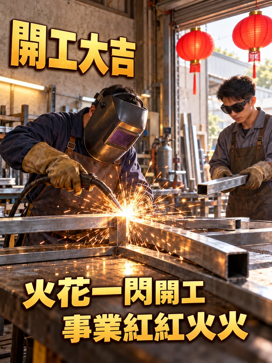 鐵工廠焊出第一道火花。圖中文字：開工大吉，火花一閃開工，事業紅紅火火
