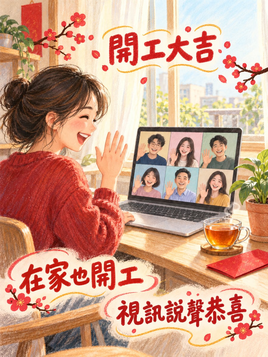 在家遠端開工。圖中文字：開工大吉，在家也開工，視訊說聲恭喜