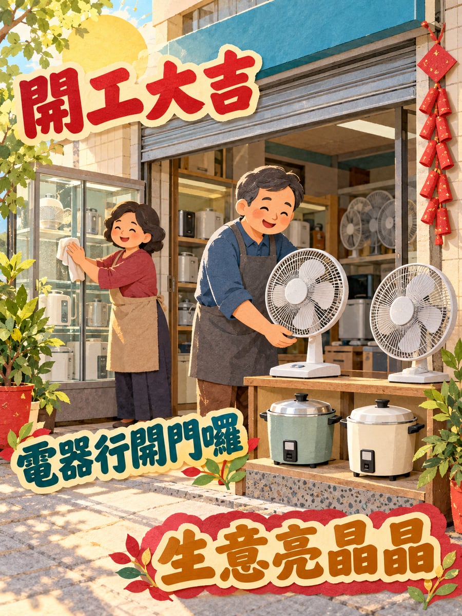 電器行開門營業。圖中文字：開工大吉，電器行開門囉，生意亮晶晶