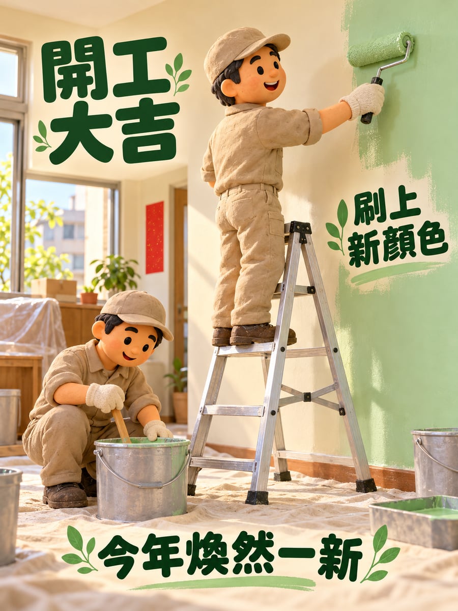 油漆師傅開工。圖中文字：開工大吉，刷上新顏色，今年煥然一新
