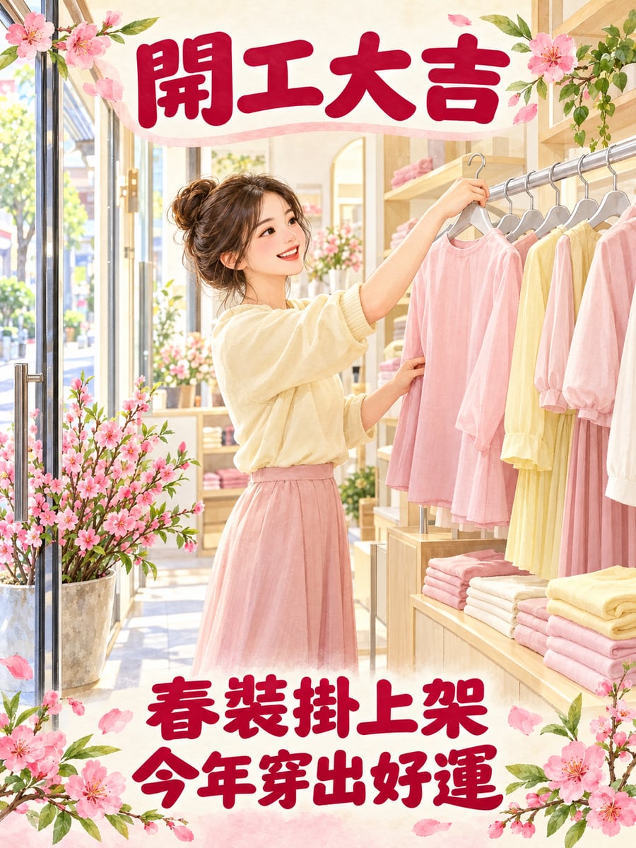 服飾店掛上新衣。圖中文字：開工大吉，春裝掛上架，今年穿出好運