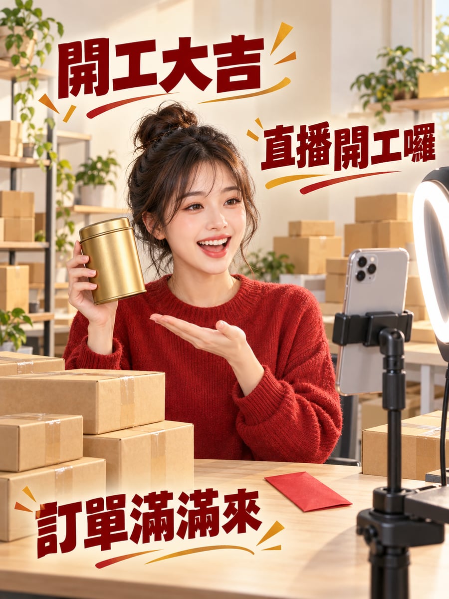 網拍直播開工。圖中文字：開工大吉，直播開工囉，訂單滿滿來