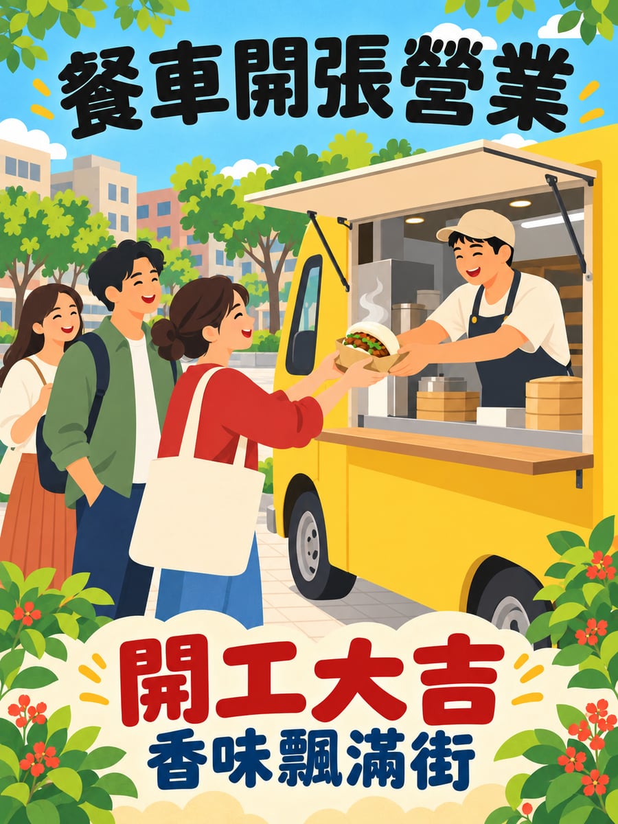 餐車開張。圖中文字：開工大吉，餐車開張營業，香味飄滿街