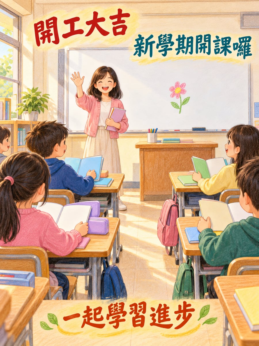 補習班老師開課。圖中文字：開工大吉，新學期開課囉，一起學習進步