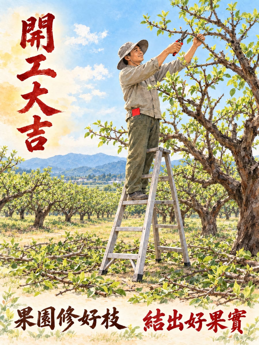 果園修枝。圖中文字：開工大吉，果園修好枝，結出好果實