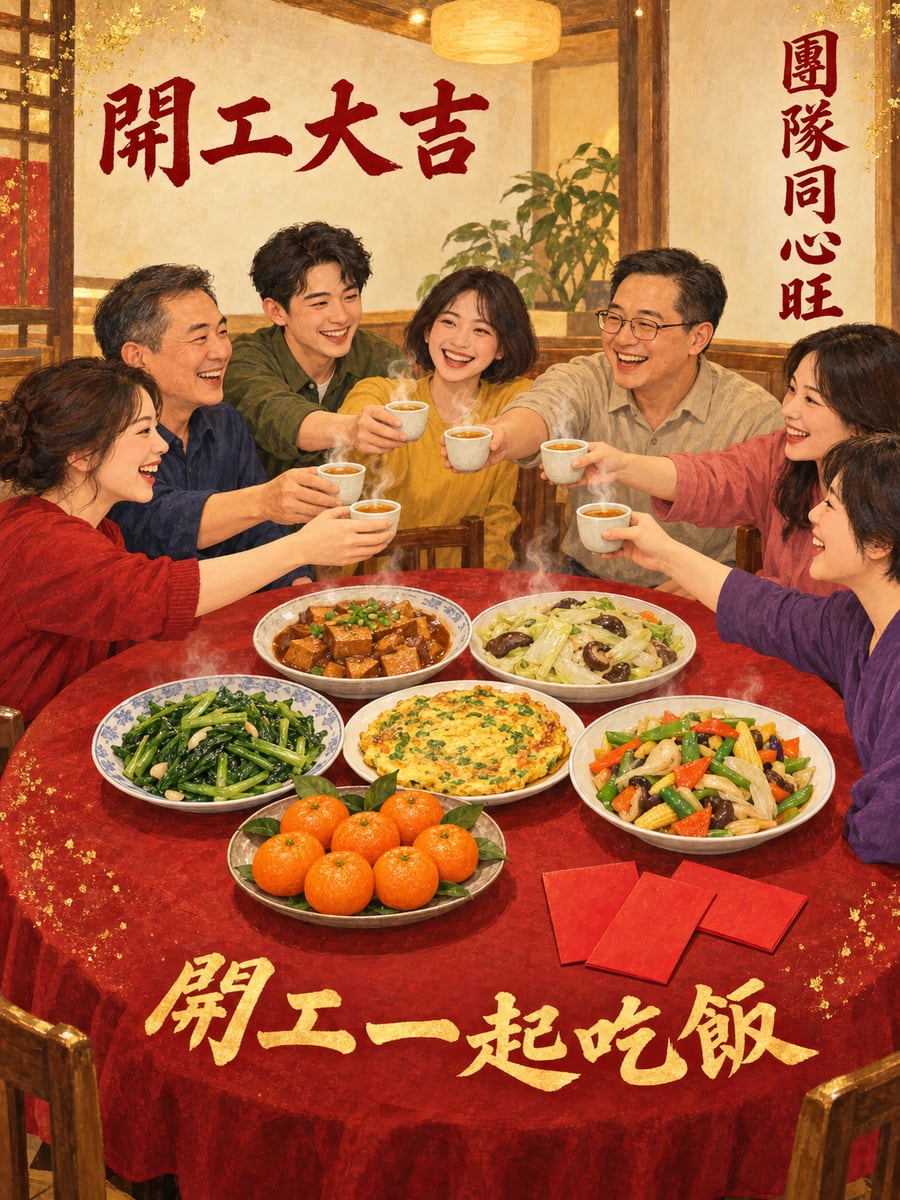 同事一起吃開工午餐。圖中文字：開工大吉，開工一起吃飯，團隊同心旺