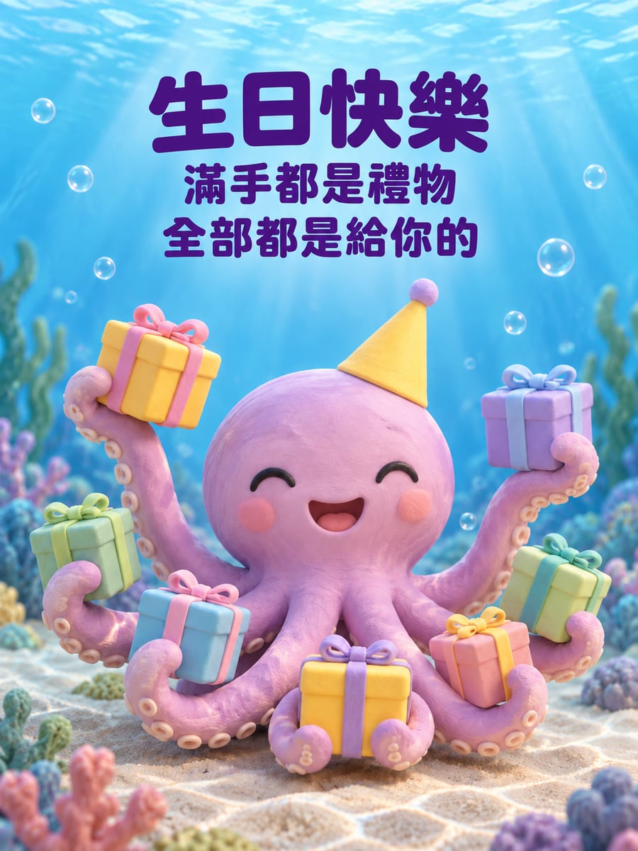 章魚捧滿禮物。圖中文字：生日快樂，滿手都是禮物，全部都是給你的