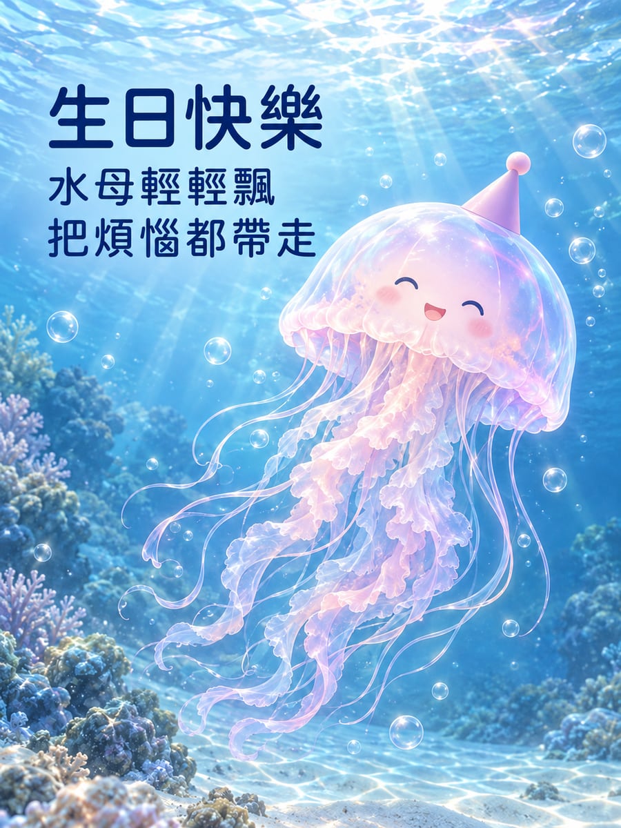 水母輕輕飄。圖中文字：生日快樂，水母輕輕飄，把煩惱都帶走