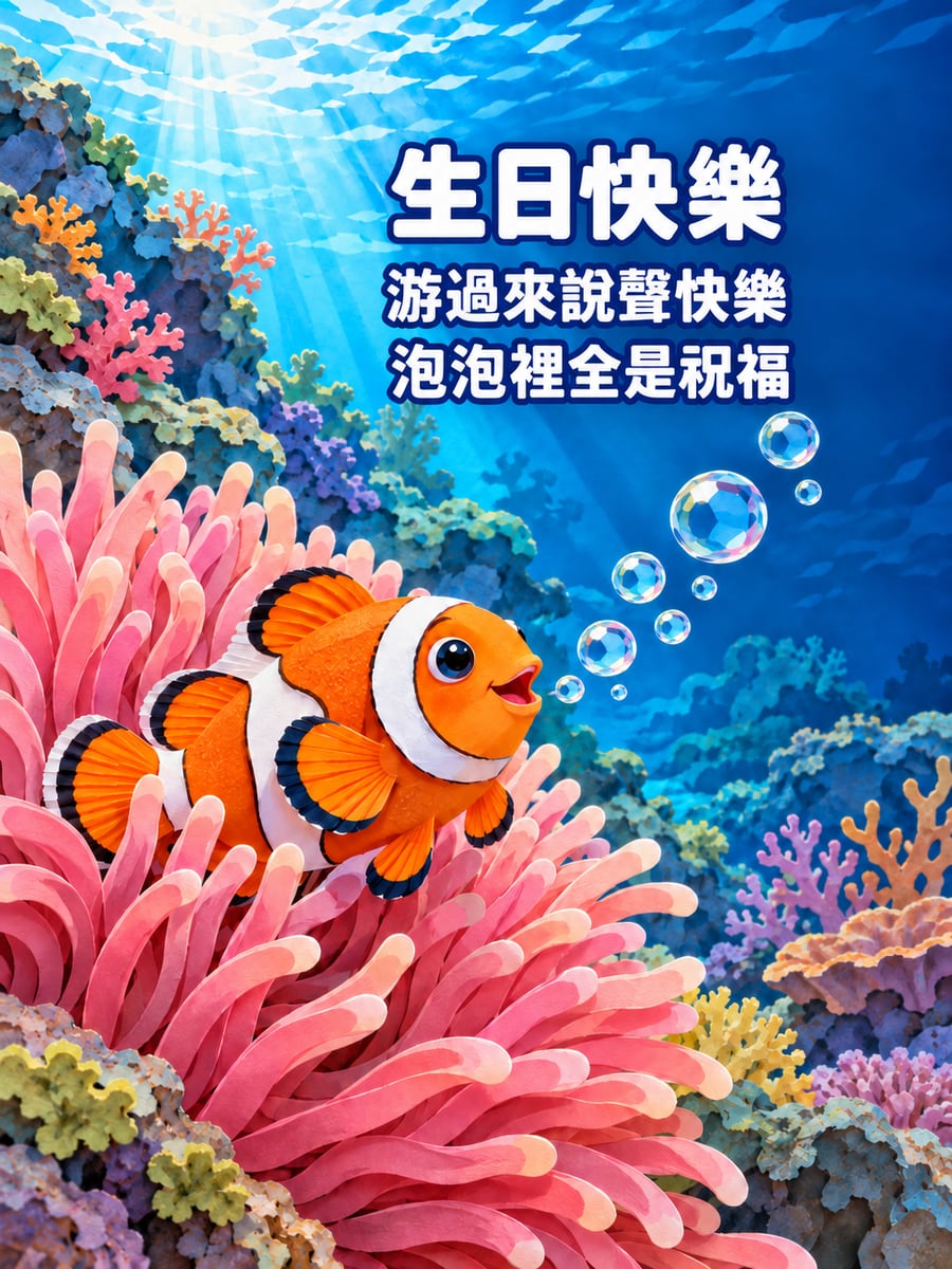 小丑魚送泡泡。圖中文字：生日快樂，游過來說聲快樂，泡泡裡全是祝福