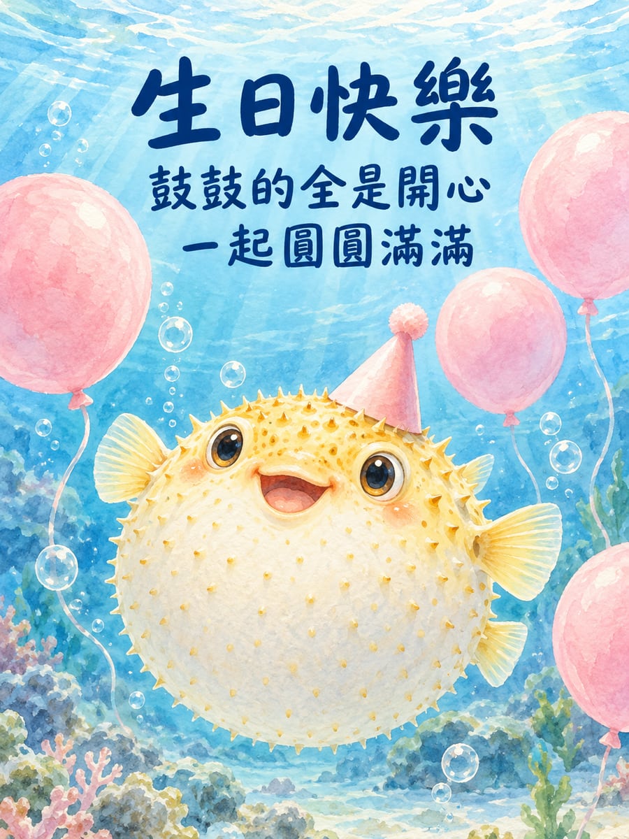河豚圓滾滾。圖中文字：生日快樂，鼓鼓的全是開心，一起圓圓滿滿