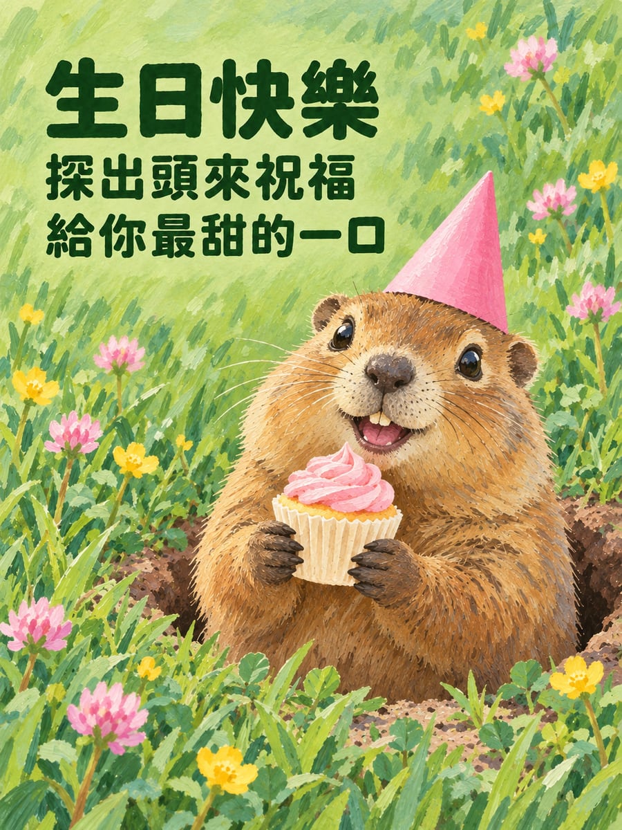土撥鼠探頭。圖中文字：生日快樂，探出頭來祝福，給你最甜的一口