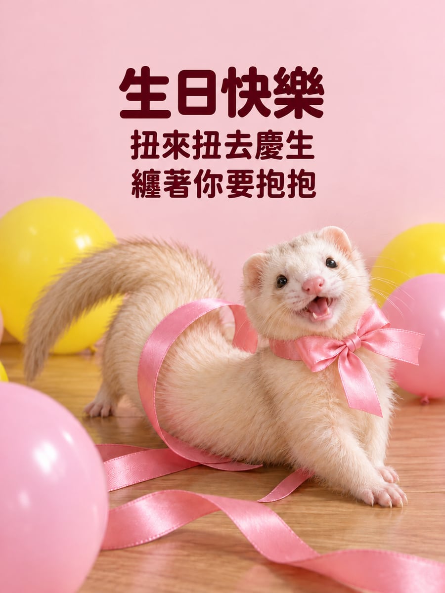 雪貂纏緞帶。圖中文字：生日快樂，扭來扭去慶生，纏著你要抱抱