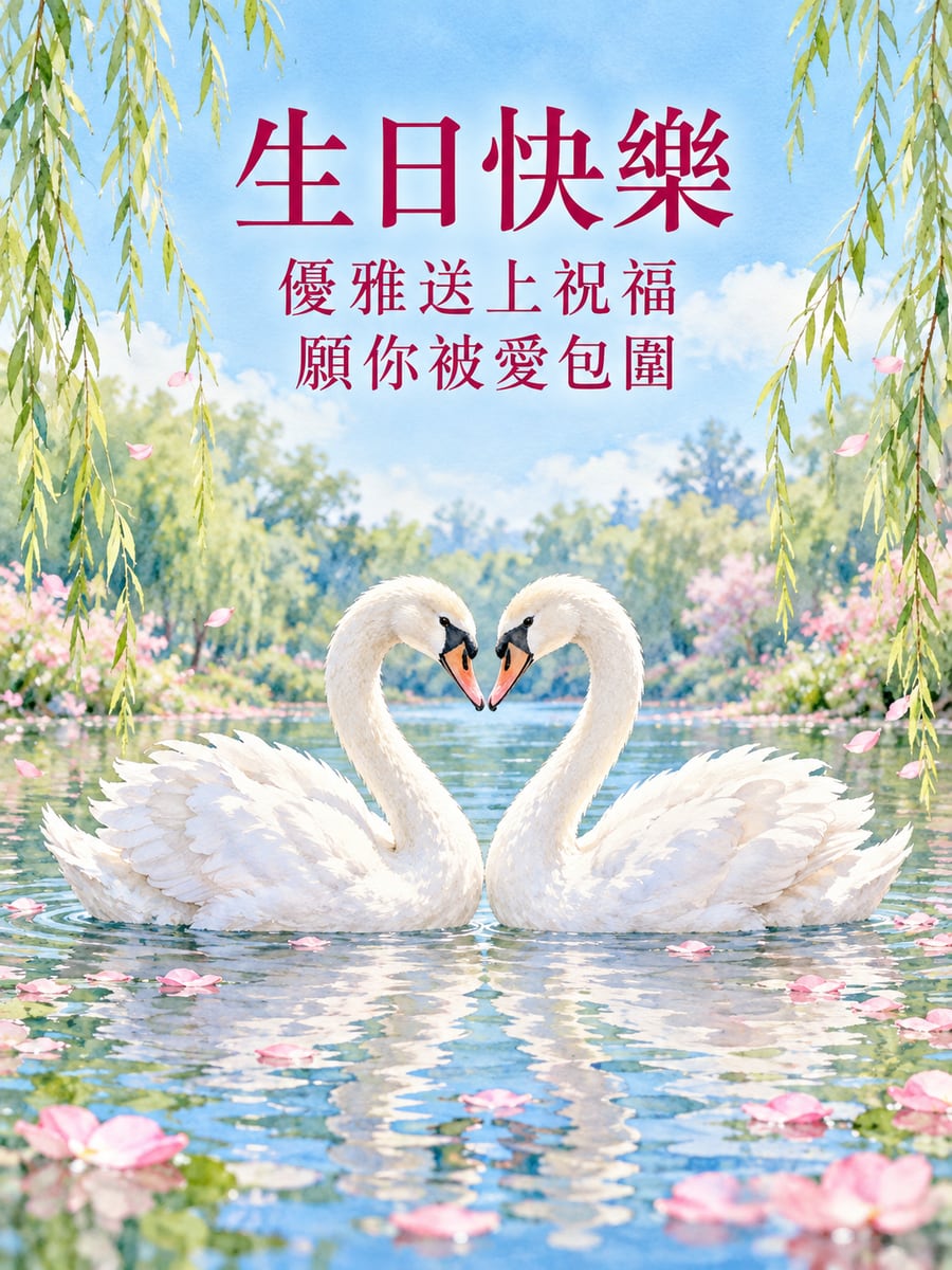 天鵝愛心脖子。圖中文字：生日快樂，優雅送上祝福，願你被愛包圍