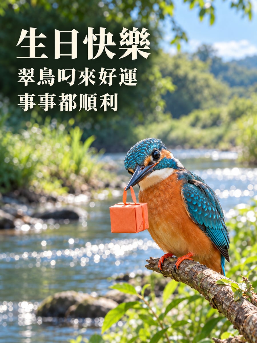 翠鳥叼禮物。圖中文字：生日快樂，翠鳥叼來好運，事事都順利