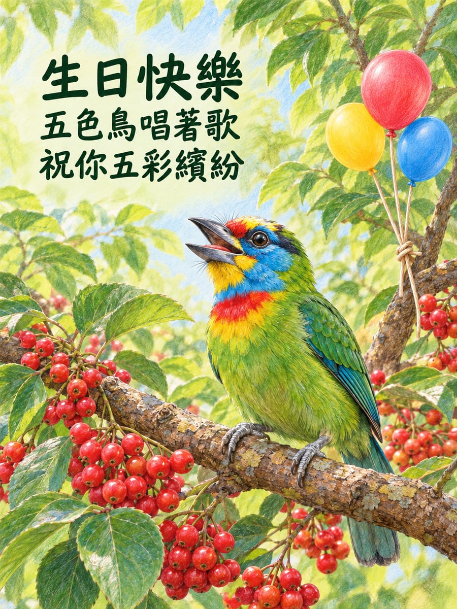 五色鳥唱歌。圖中文字：生日快樂，五色鳥唱著歌，祝你五彩繽紛