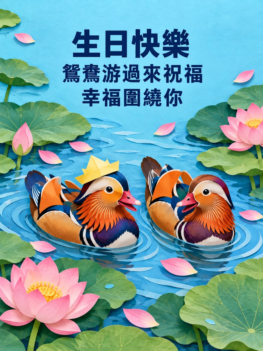 鴛鴦游過來。圖中文字：生日快樂，鴛鴦游過來祝福，幸福圍繞你
