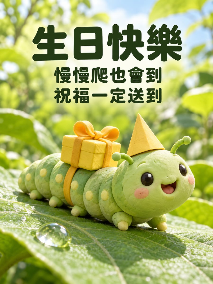 毛毛蟲慢慢爬。圖中文字：生日快樂，慢慢爬也會到，祝福一定送到