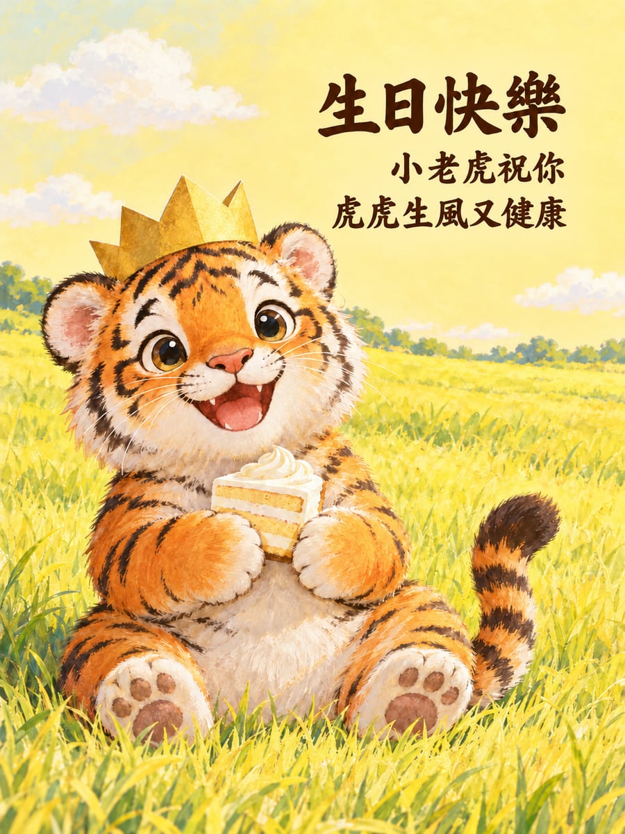 小老虎戴皇冠。圖中文字：生日快樂，小老虎祝你，虎虎生風又健康