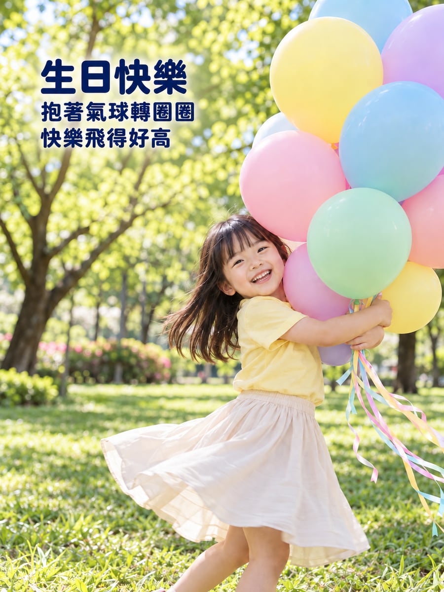 抱著氣球轉圈。圖中文字：生日快樂，抱著氣球轉圈圈，快樂飛得好高