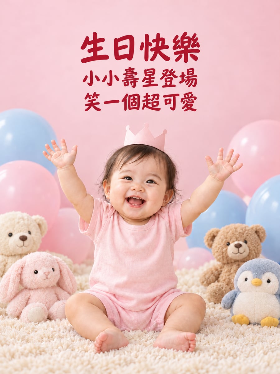 小壽星登場。圖中文字：生日快樂，小小壽星登場，笑一個超可愛