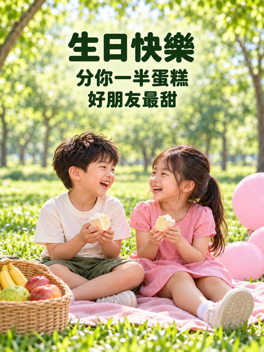 好朋友分蛋糕。圖中文字：生日快樂，分你一半蛋糕，好朋友最甜