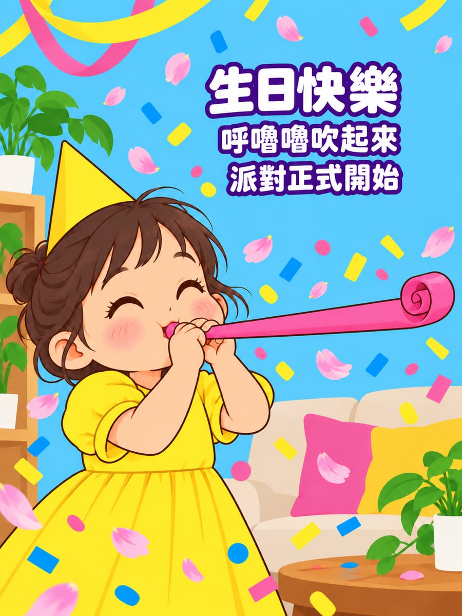 派對吹笛。圖中文字：生日快樂，呼嚕嚕吹起來，派對正式開始