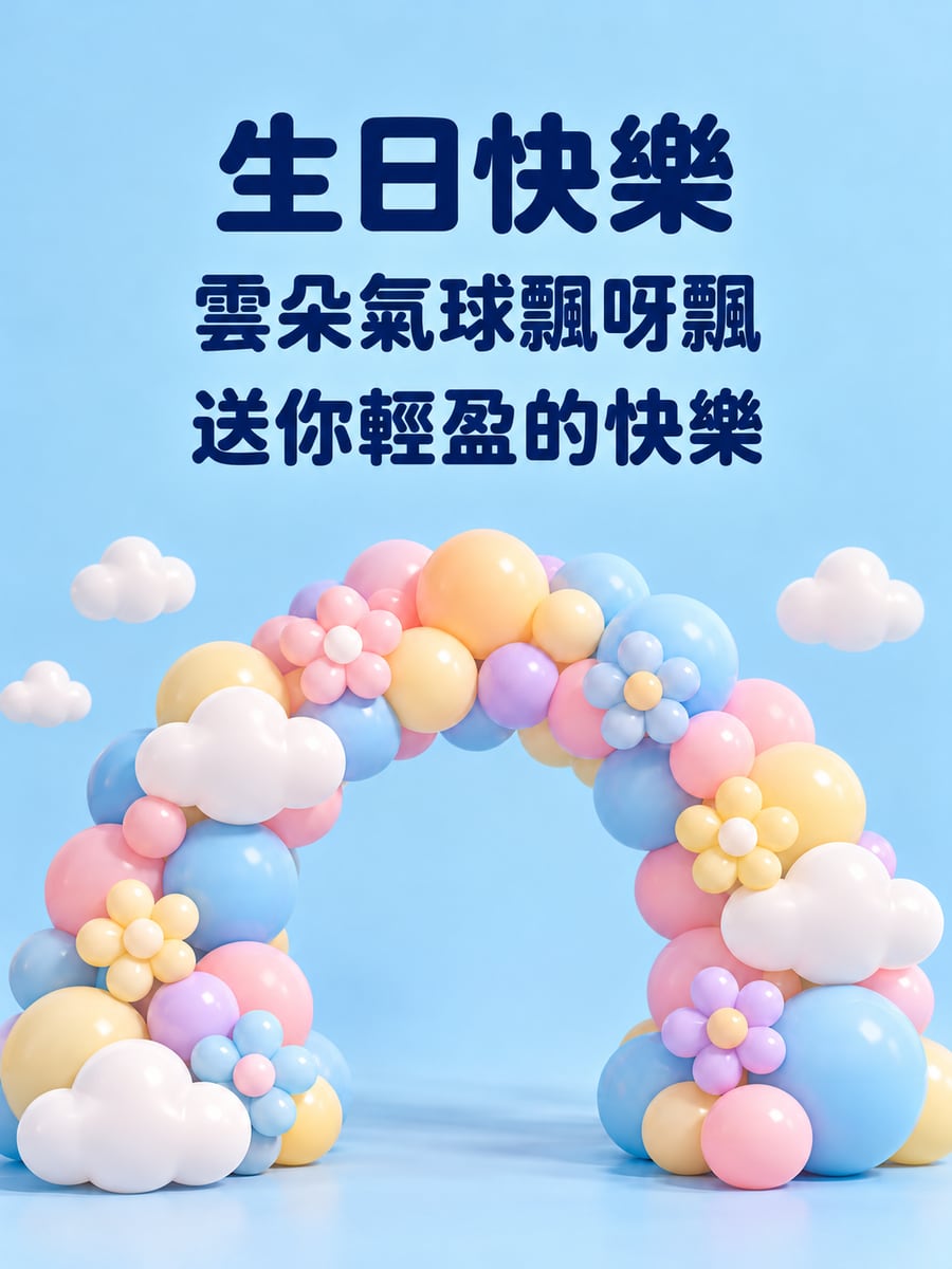 雲朵氣球花環。圖中文字：生日快樂，雲朵氣球飄呀飄，送你輕盈的快樂