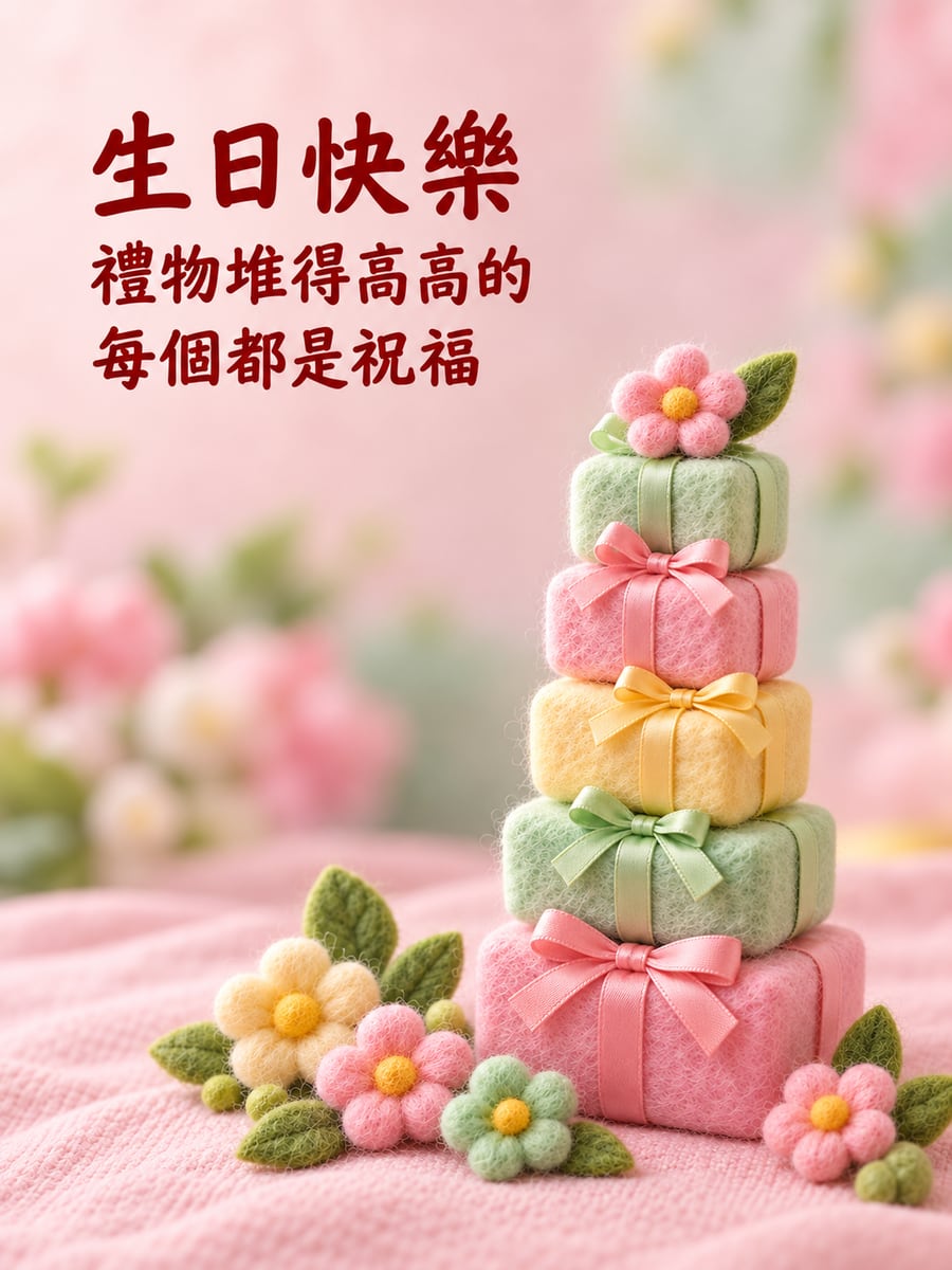 毛氈禮物堆。圖中文字：生日快樂，禮物堆得高高的，每個都是祝福