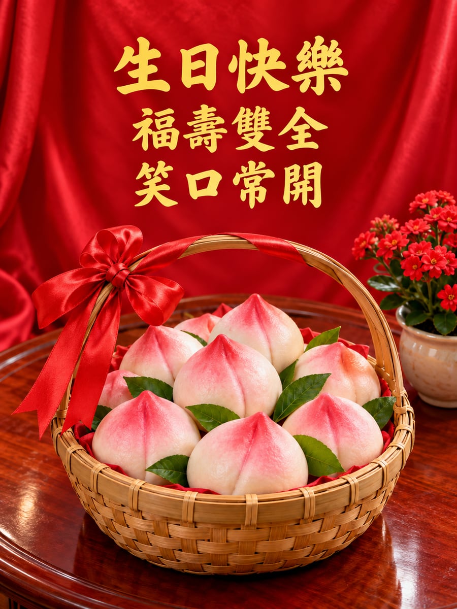 壽桃籃紅綢。圖中文字：生日快樂，福壽雙全，笑口常開