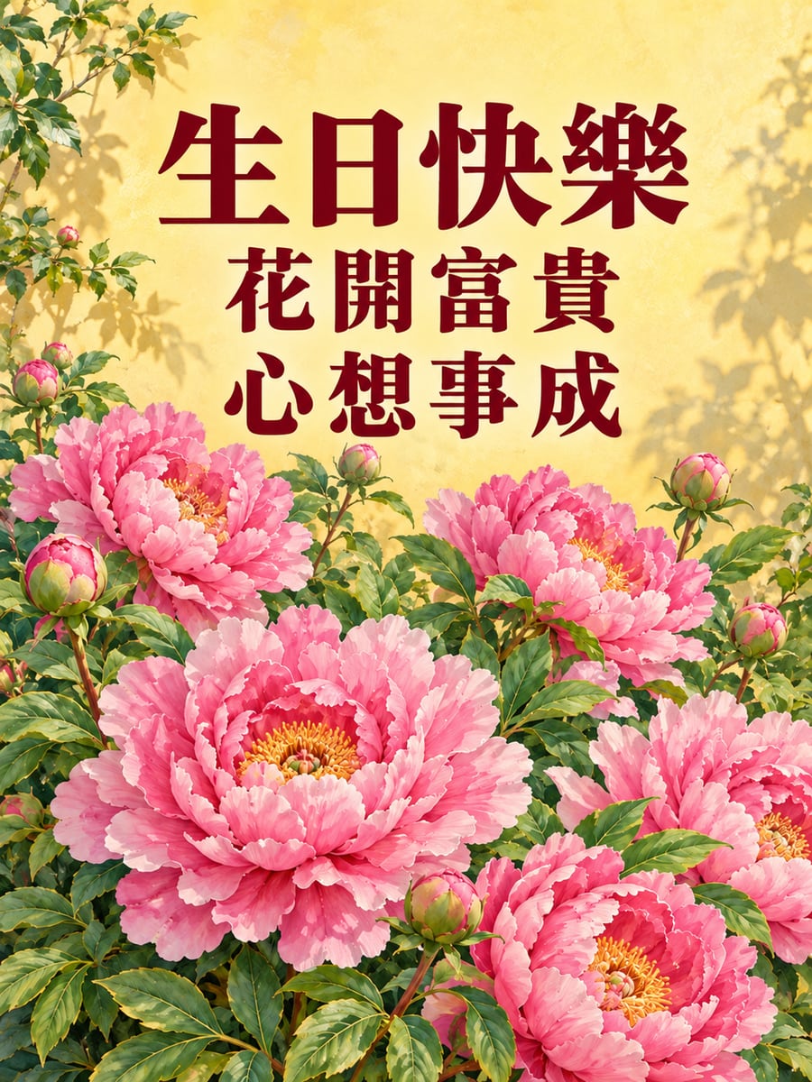 粉牡丹盛開。圖中文字：生日快樂，花開富貴，心想事成
