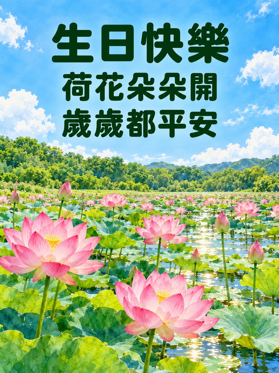 荷花開滿池。圖中文字：生日快樂，荷花朵朵開，歲歲都平安
