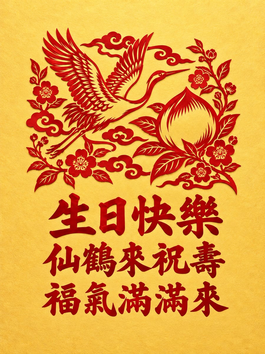 剪紙仙鶴壽桃。圖中文字：生日快樂，仙鶴來祝壽，福氣滿滿來