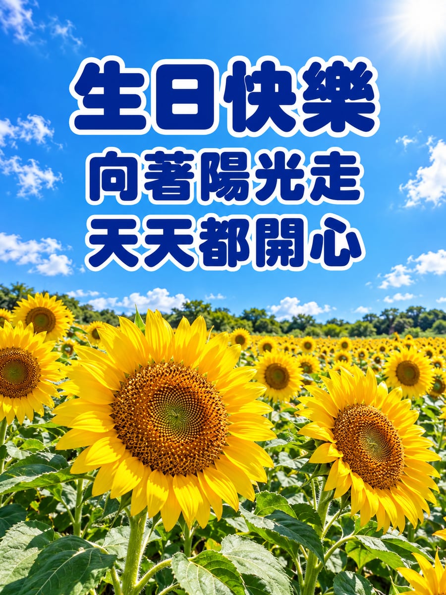 向日葵迎陽光。圖中文字：生日快樂，向著陽光走，天天都開心