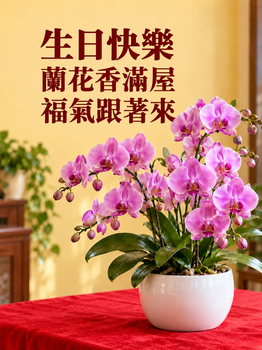 蝴蝶蘭滿枝。圖中文字：生日快樂，蘭花香滿屋，福氣跟著來
